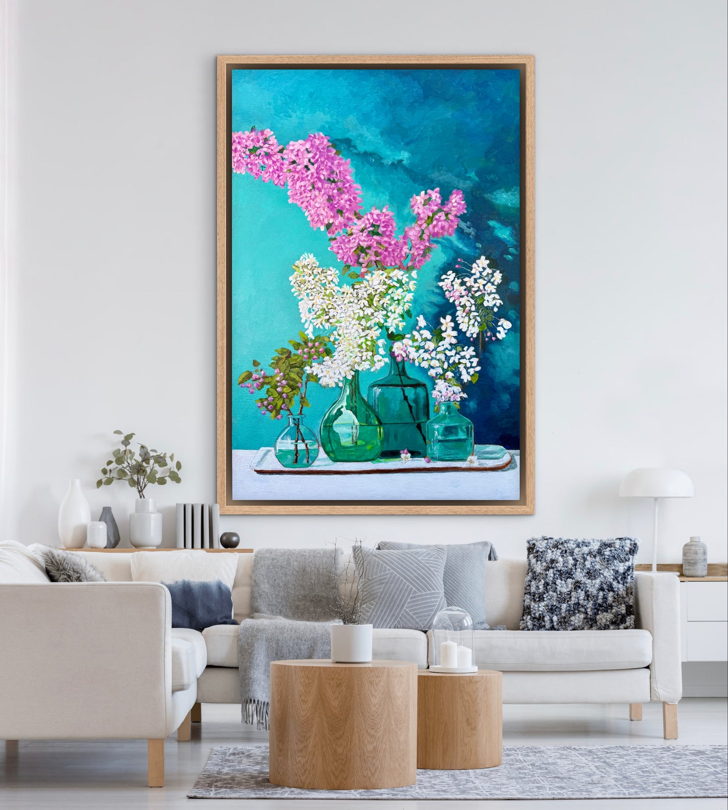 A still life painting of lilacs in blue and green glass bottles.