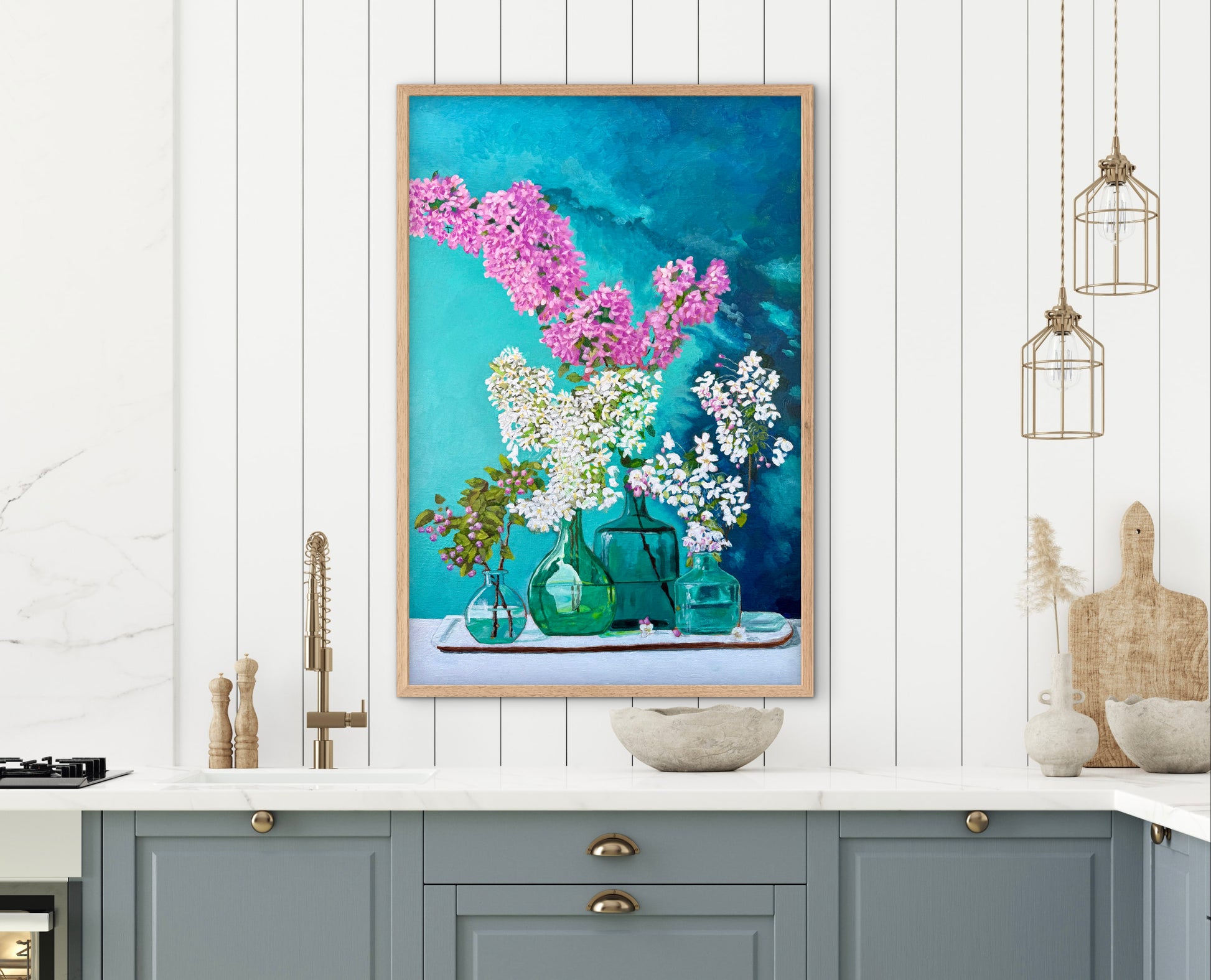 A still life painting of lilacs in blue and green glass bottles