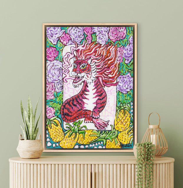 A painting of a red dragon mahjong tile surrounded by flowers and pineapples. 