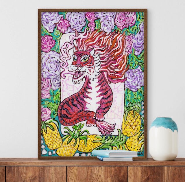 A painting of a red dragon mahjong tile surrounded by flowers and pineapples. 
