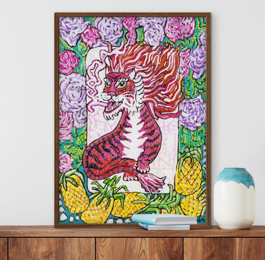 A painting of a red dragon mahjong tile surrounded by flowers and pineapples. 