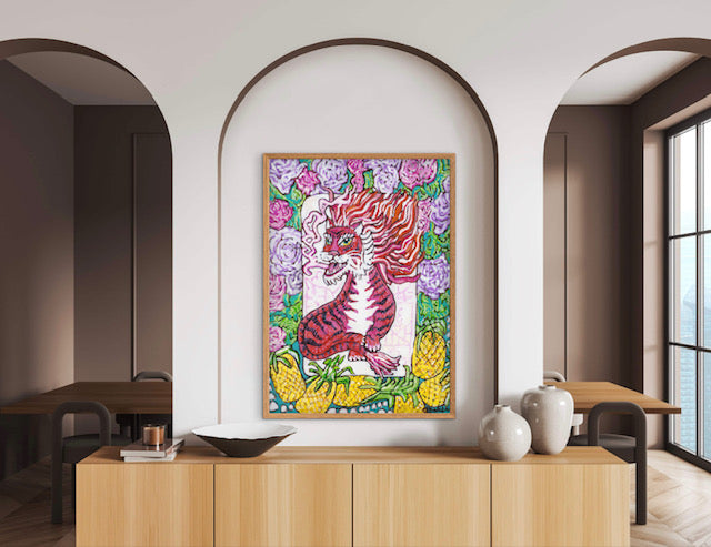 A painting of a red dragon mahjong tile surrounded by flowers and pineapples. 