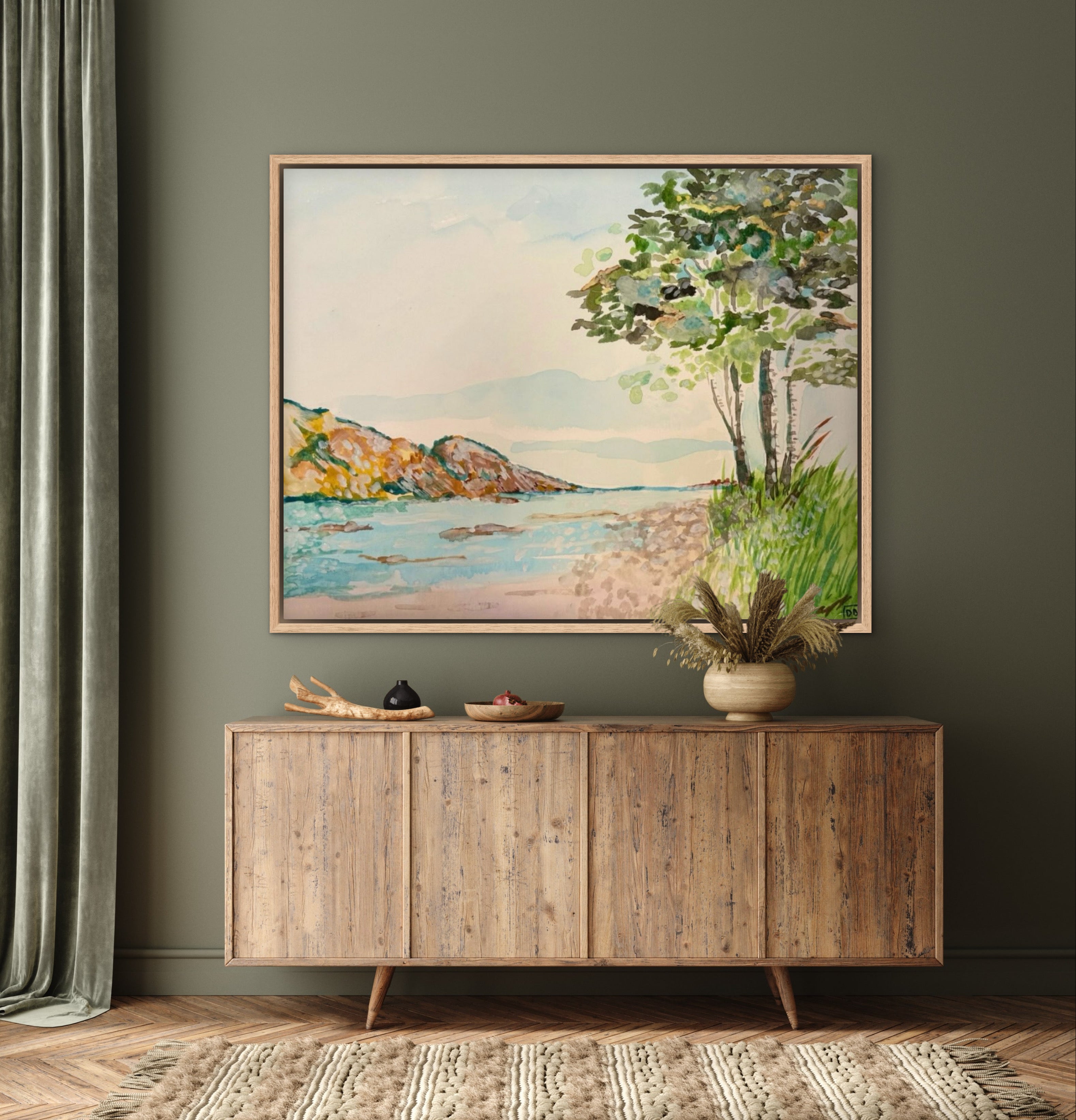 A painting that shows a stretch of beach on Lake Superior along the Porcupine Mountains in Michigan’s Upper Peninsula painted by Deb Baker of Trail East Studio in Ada Michigan.