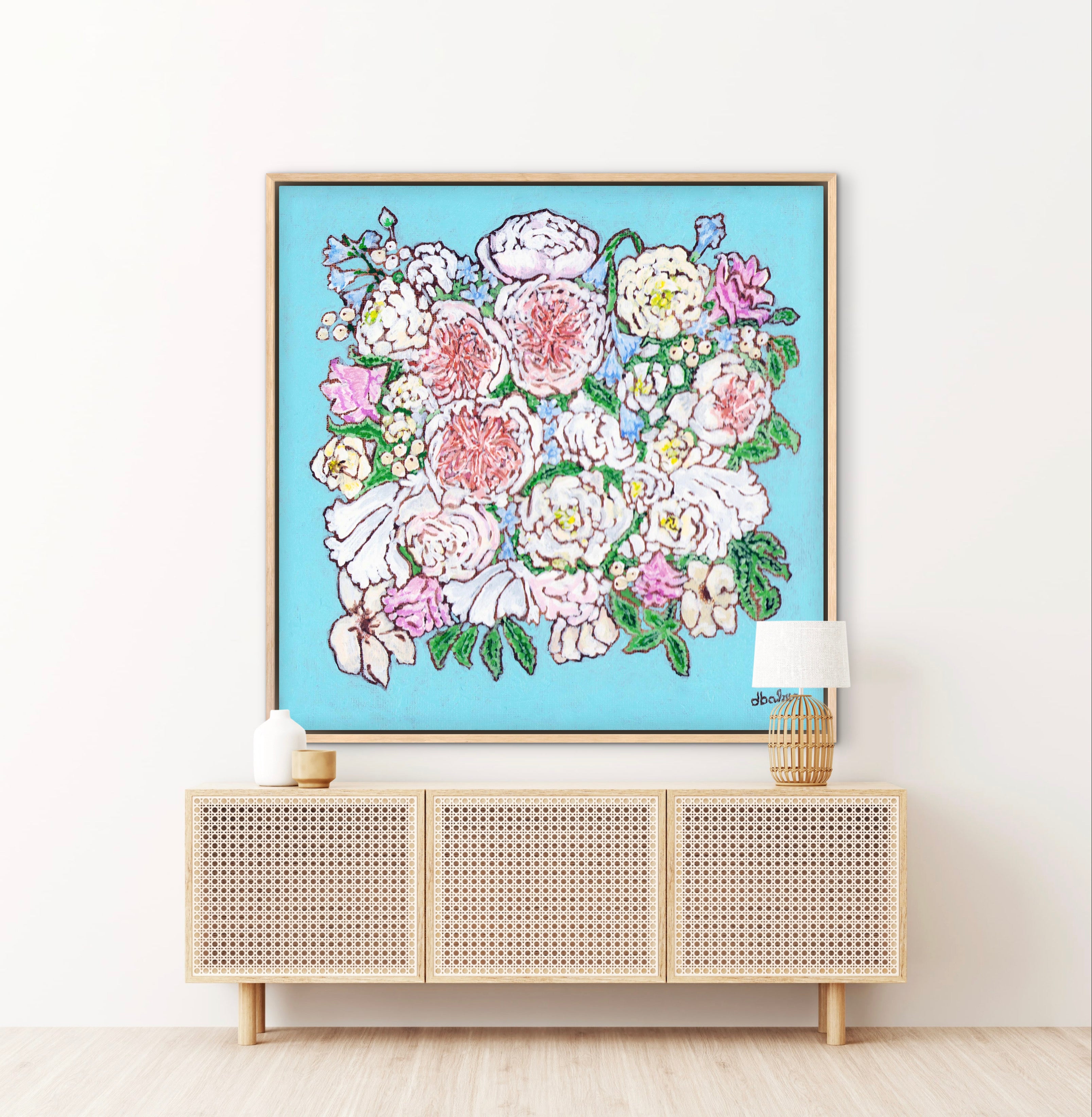 A whimsical painting of a floral wedding bouquet featuring Juliet roses in soft pastels and Tiffany blues.