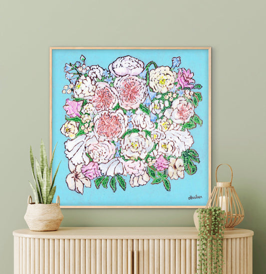 A whimsical painting of a floral wedding bouquet featuring Juliet roses in soft pastels and Tiffany blues.