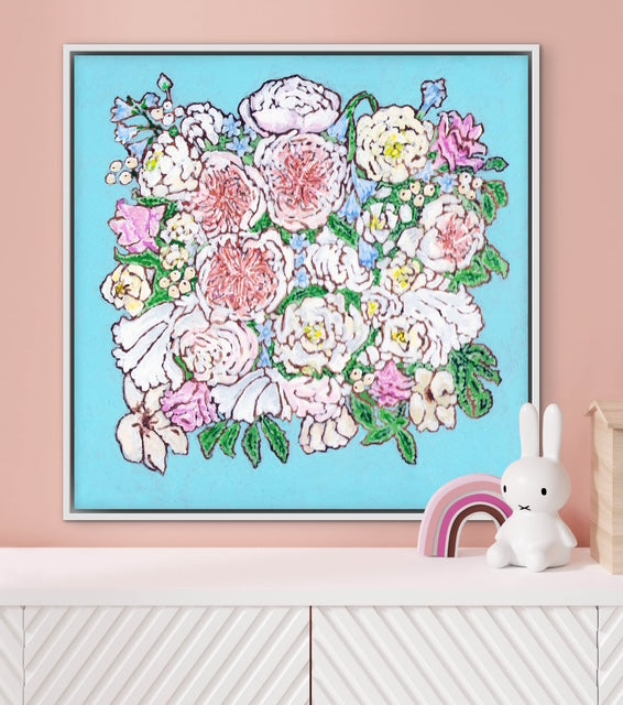 A whimsical painting of a floral wedding bouquet featuring Juliet roses in soft pastels and Tiffany blues.
