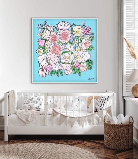 A whimsical painting of a floral wedding bouquet featuring Juliet roses in soft pastels and Tiffany blues.