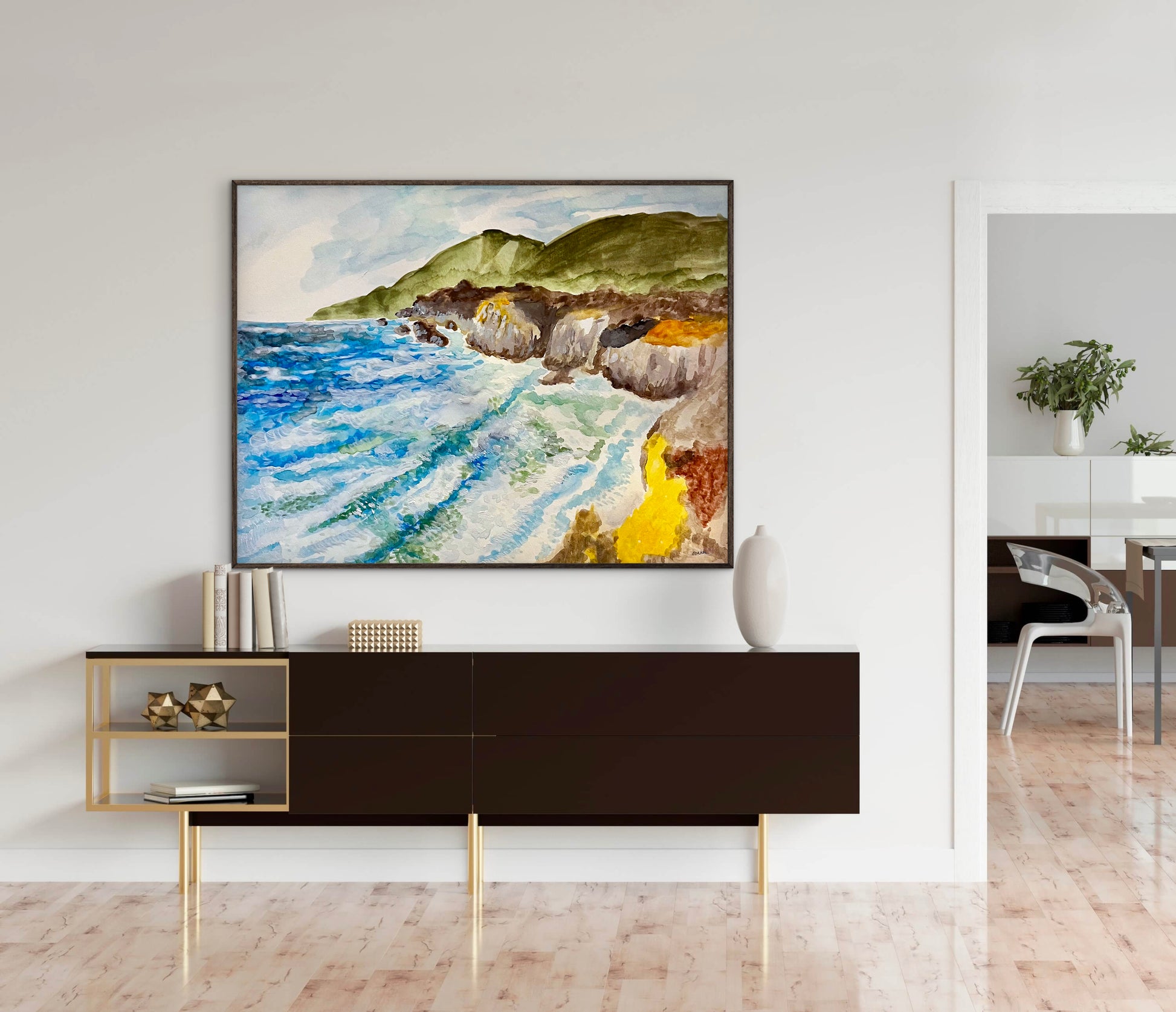 A colorful painting of the Big Sur coastline in California.