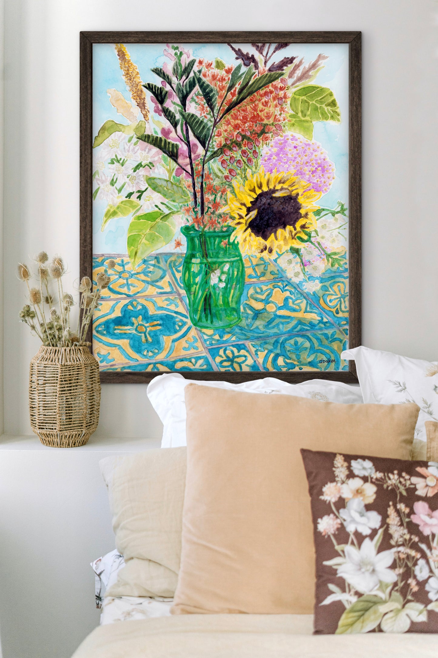 This vibrant painting captures the charm of a freshly gathered bouquet, arranged in a simple green glass vase.