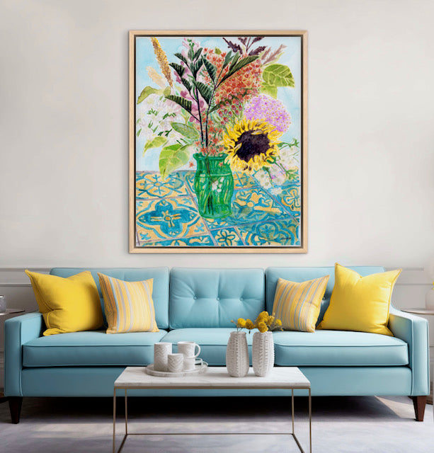This vibrant watercolor painting captures the charm of a freshly gathered bouquet, arranged in a simple green glass vase.
