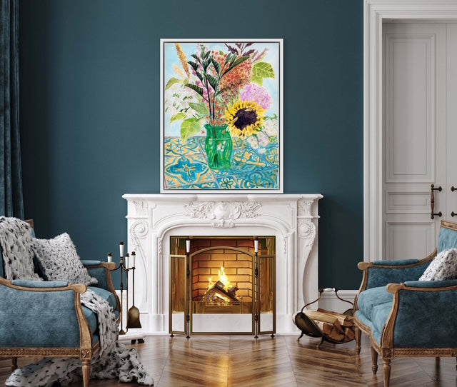This vibrant watercolor painting captures the charm of a freshly gathered bouquet, arranged in a simple green glass vase.