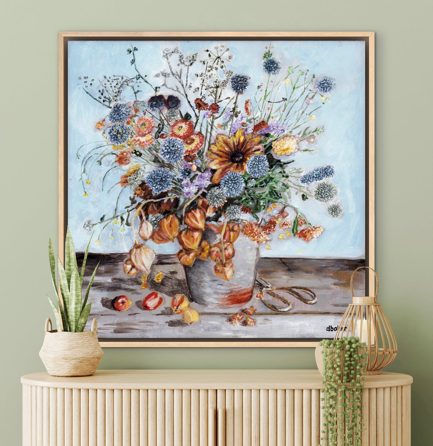 A warm and textured still life painting of autumn blooms and lantern flowers.