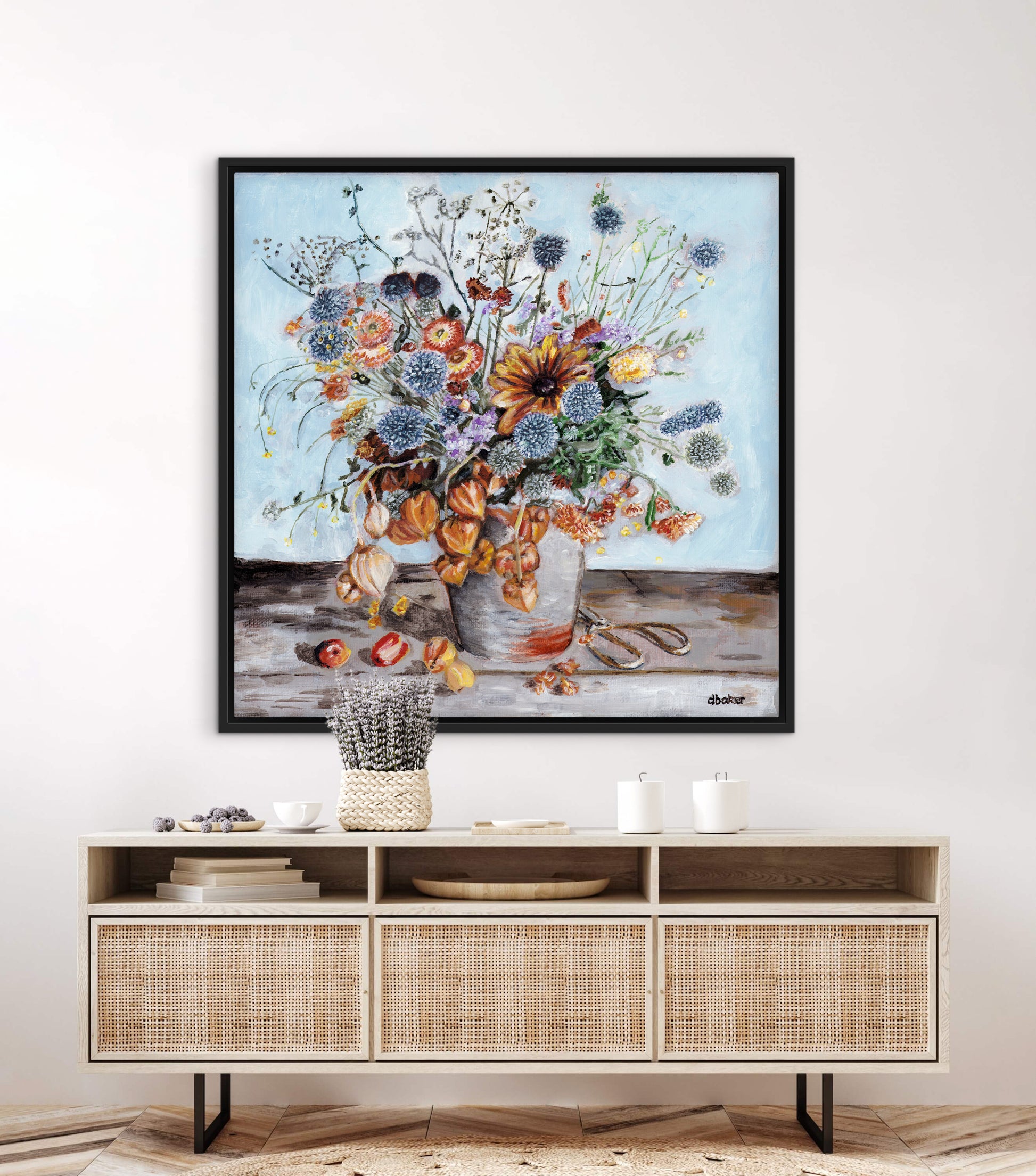 A warm and textured still life painting of autumn blooms and lantern flowers.
