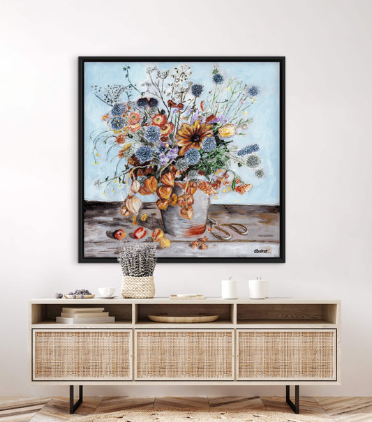 A warm and textured still life painting of autumn blooms and lantern flowers.