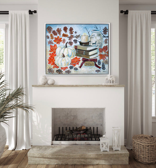A painting of a cozy autumn still life featuring white pumpkins, vintage books, a red velvet bow and warm fall leaves. A perfect rustic accent for your home decor.