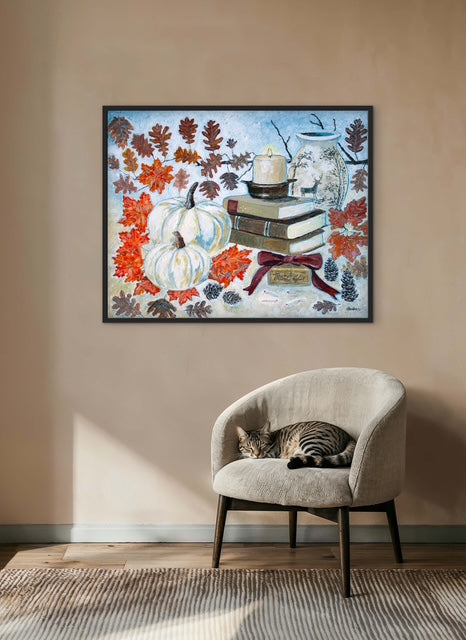 A painting of a cozy autumn still life featuring white pumpkins, vintage books, a red velvet bow and warm fall leaves. A perfect rustic accent for your home decor.