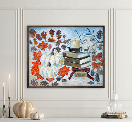 A painting of a cozy autumn still life featuring white pumpkins, vintage books, a red velvet bow and warm fall leaves. A perfect rustic accent for your home decor.