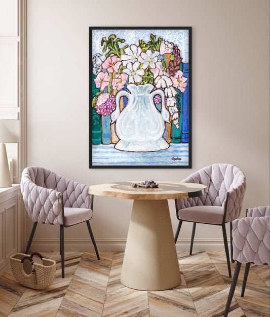 A charming painting of an antique swan vase filled with delicate florals for your Mahjong Room.