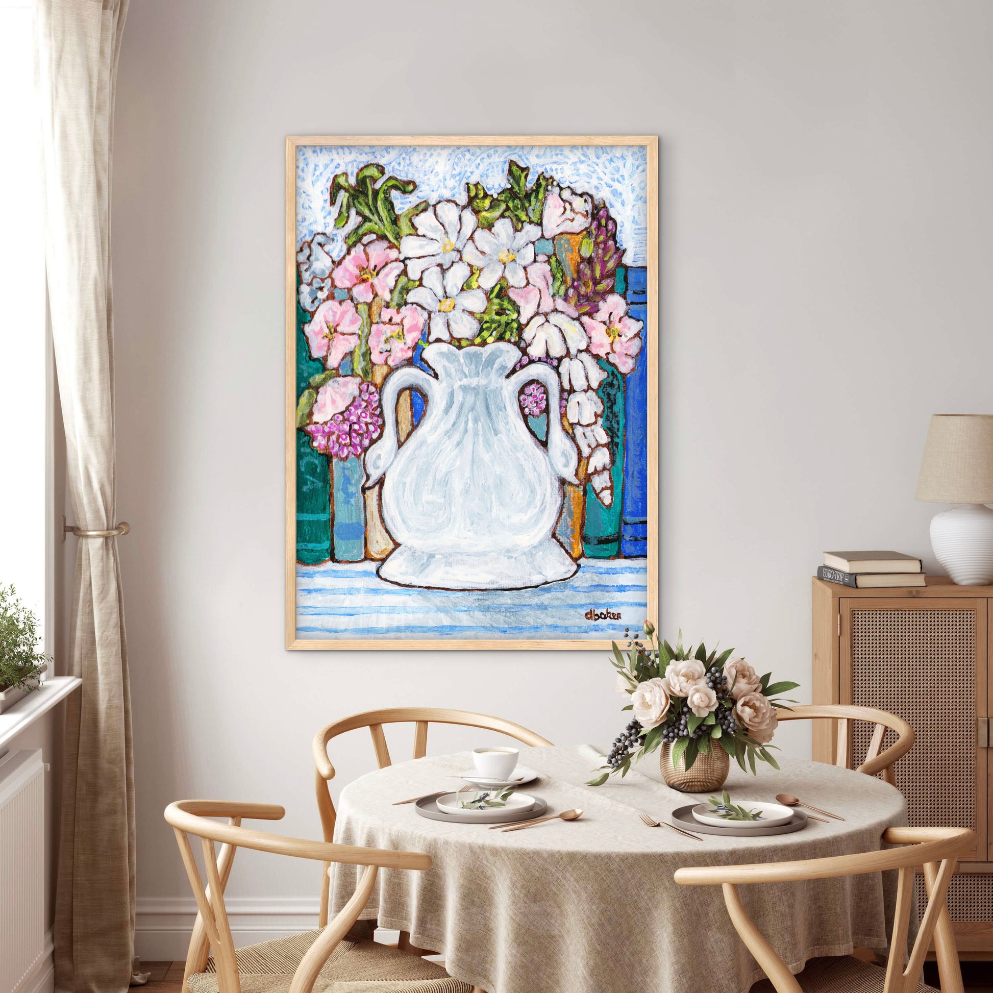 A charming painting of an antique swan vase filled with delicate florals for your Mahjong Room.
