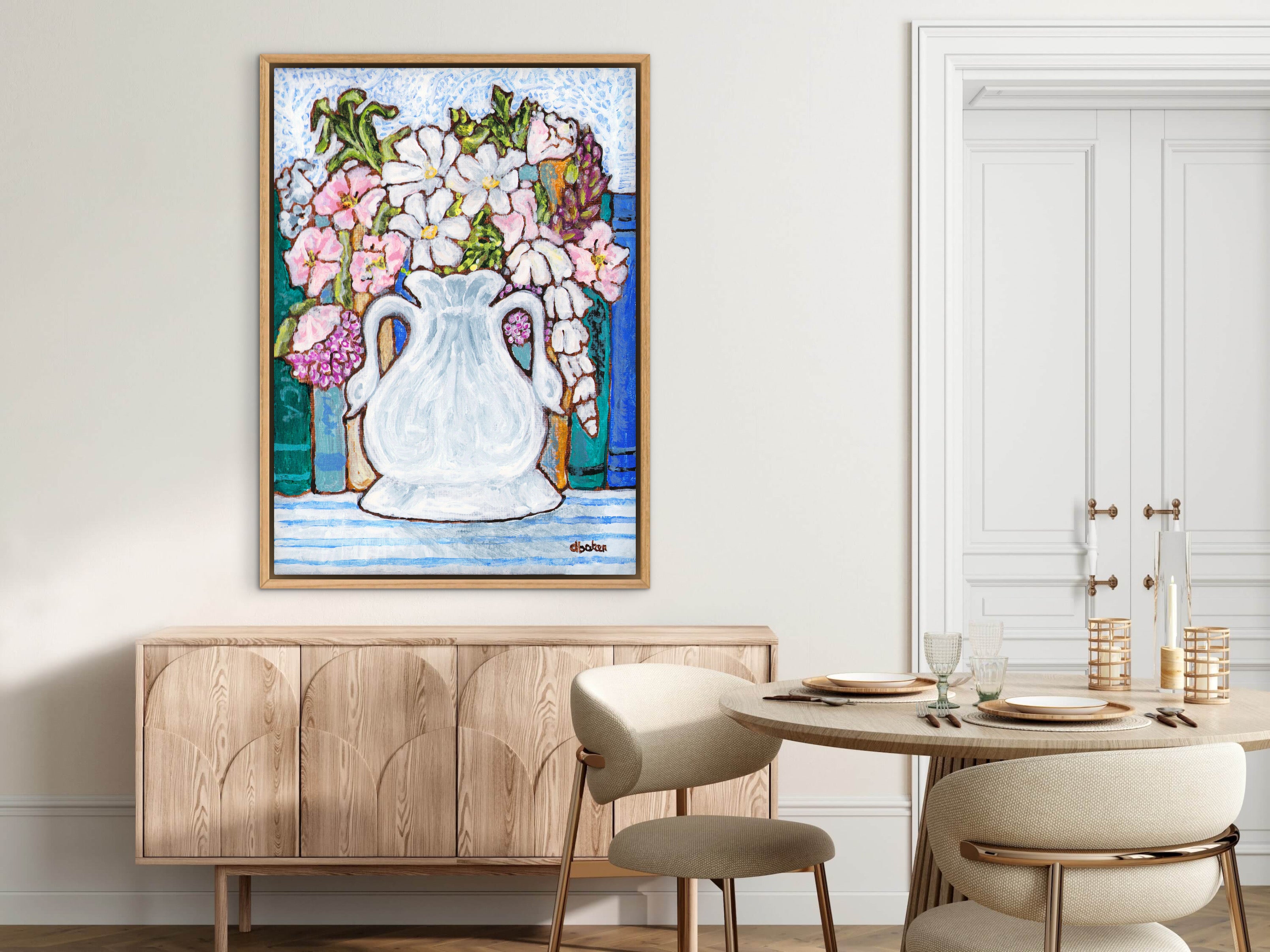 A charming painting of an antique swan vase filled with delicate florals for your Mahjong Room.