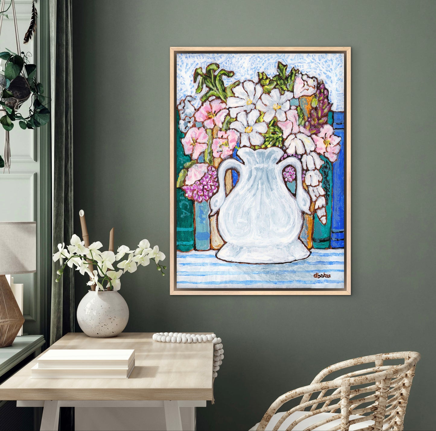 A charming painting of an antique swan vase filled with delicate florals for your Mahjong Room.