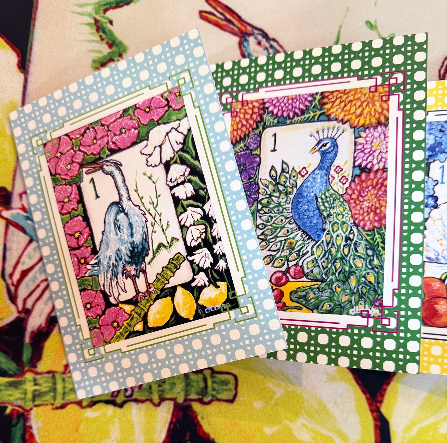 A mahjong themed greeting card set from trail east studio featuring bird bam tiles and a red dragon