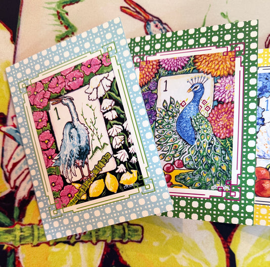A mahjong themed greeting card set from trail east studio featuring bird bam tiles and a red dragon