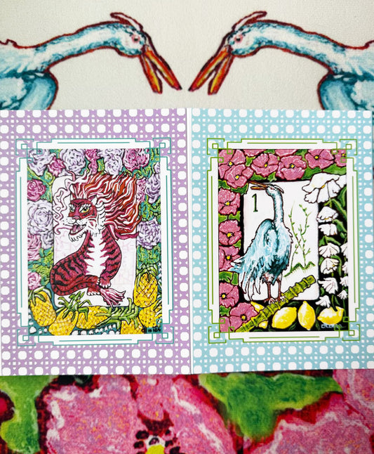 A mahjong themed greeting card set from trail east studio featuring bird bam tiles and a red dragon