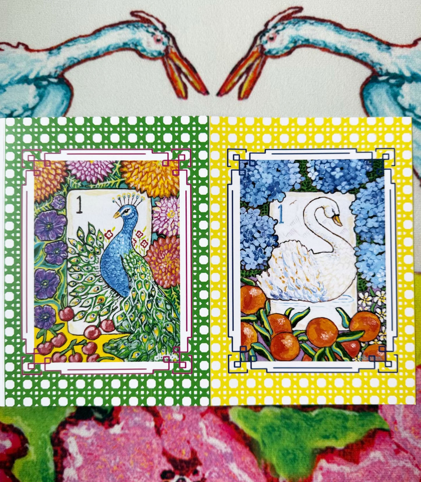 A mahjong themed greeting card set from trail east studio featuring bird bam tiles and a red dragon