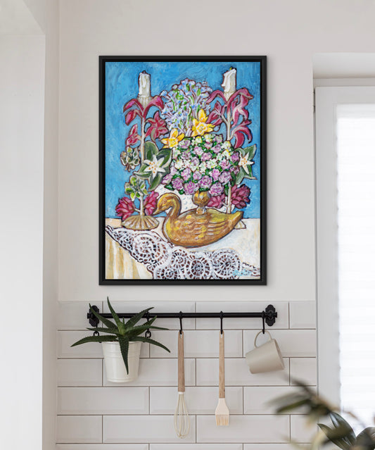A painting from Trail East Studio of antique tole candleholders and an antique swan candleholder filled with flowers on a crocheted lace tablecloth
