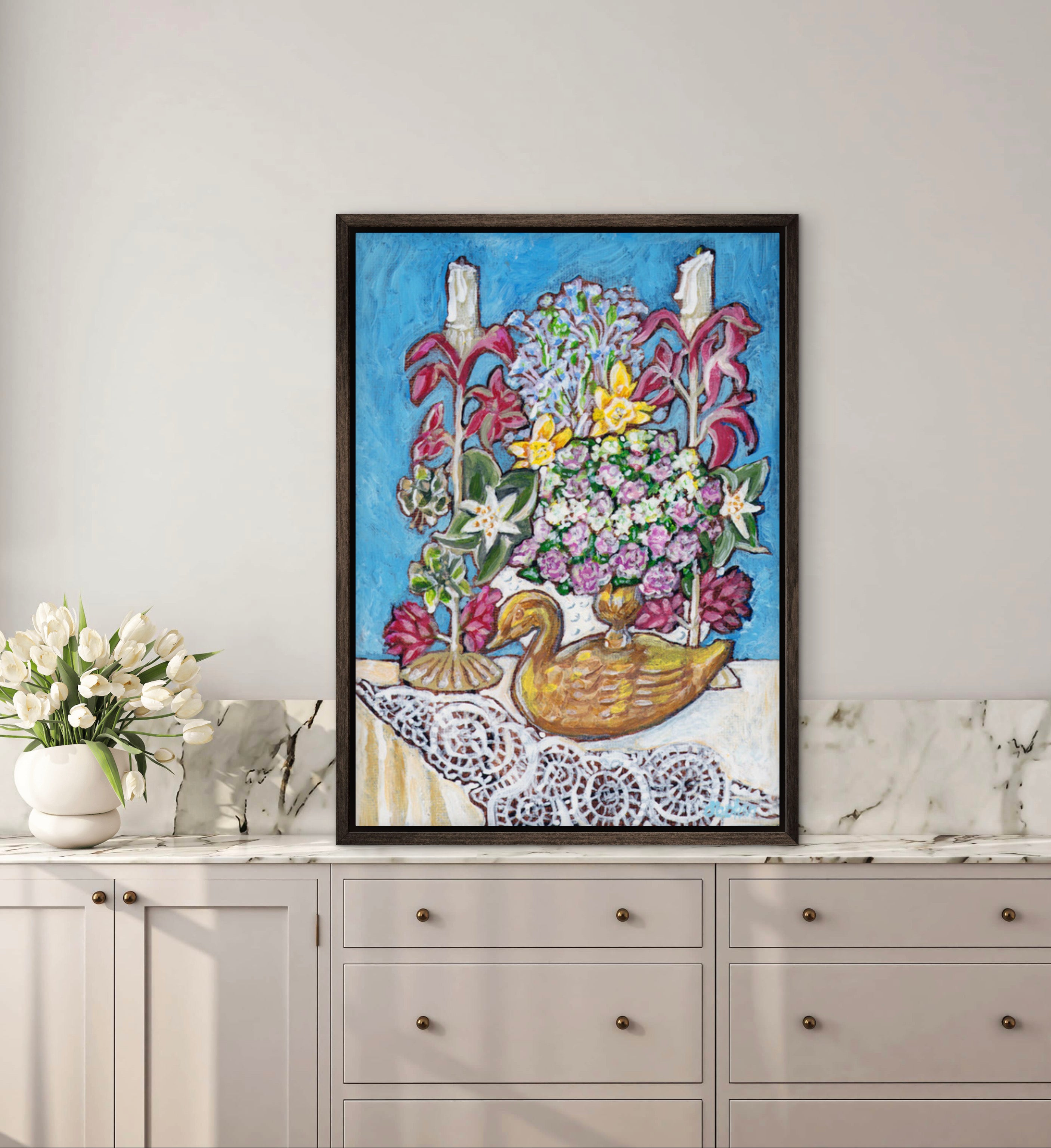 A painting from Trail East Studio of antique tole candleholders and an antique swan candleholder filled with flowers on a crocheted lace tablecloth