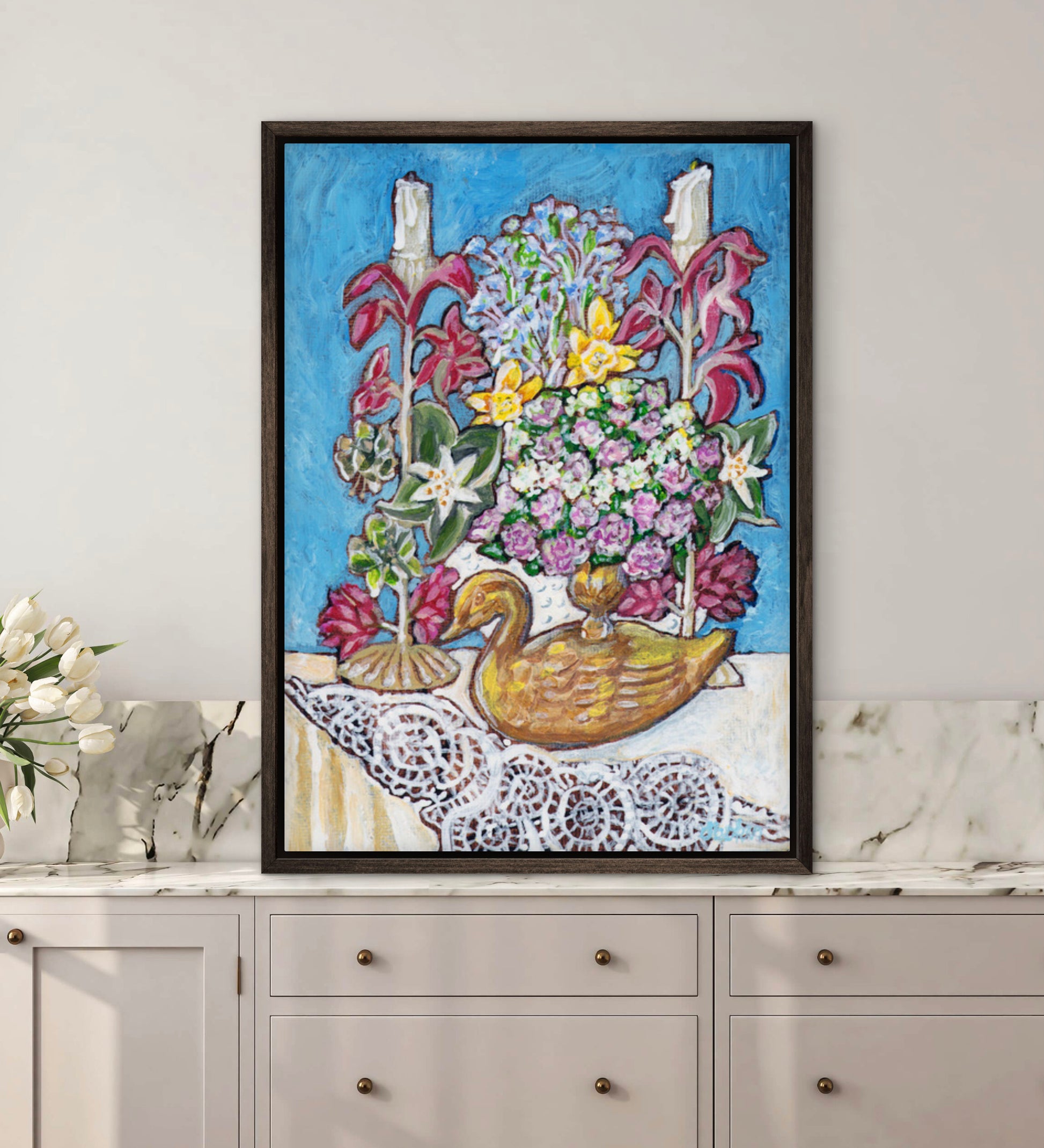 A painting from Trail East Studio of antique tole candleholders and an antique swan candleholder filled with flowers on a crocheted lace tablecloth