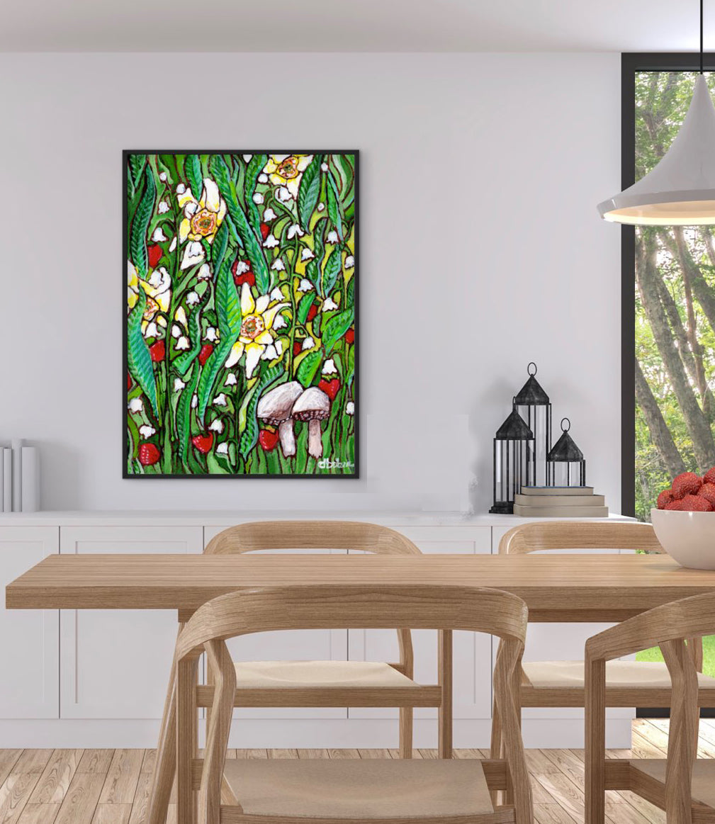 A painting of a summer field with daffodils, Lilly of the valley flowers, strawberries and mushrooms