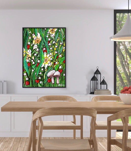 A painting of a summer field with daffodils, Lilly of the valley flowers, strawberries and mushrooms