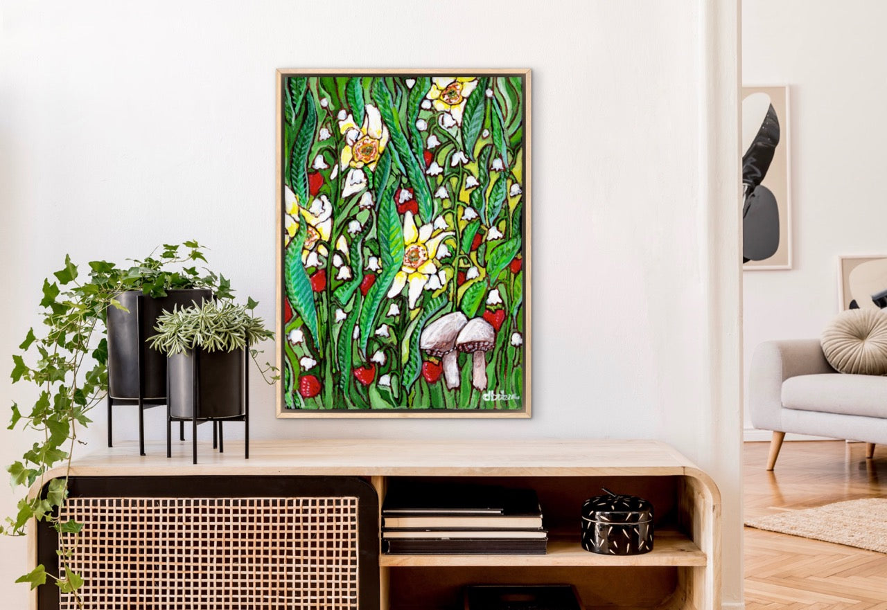Summer cottage core artwork with daffodils, Lilly of the valley, strawberries and mushrooms