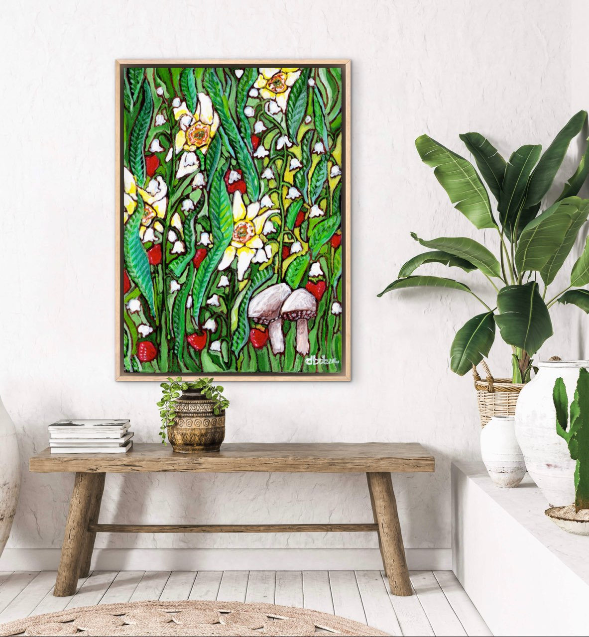 A painting of a summer field with daffodils, Lilly of the valley flowers, strawberries and mushrooms