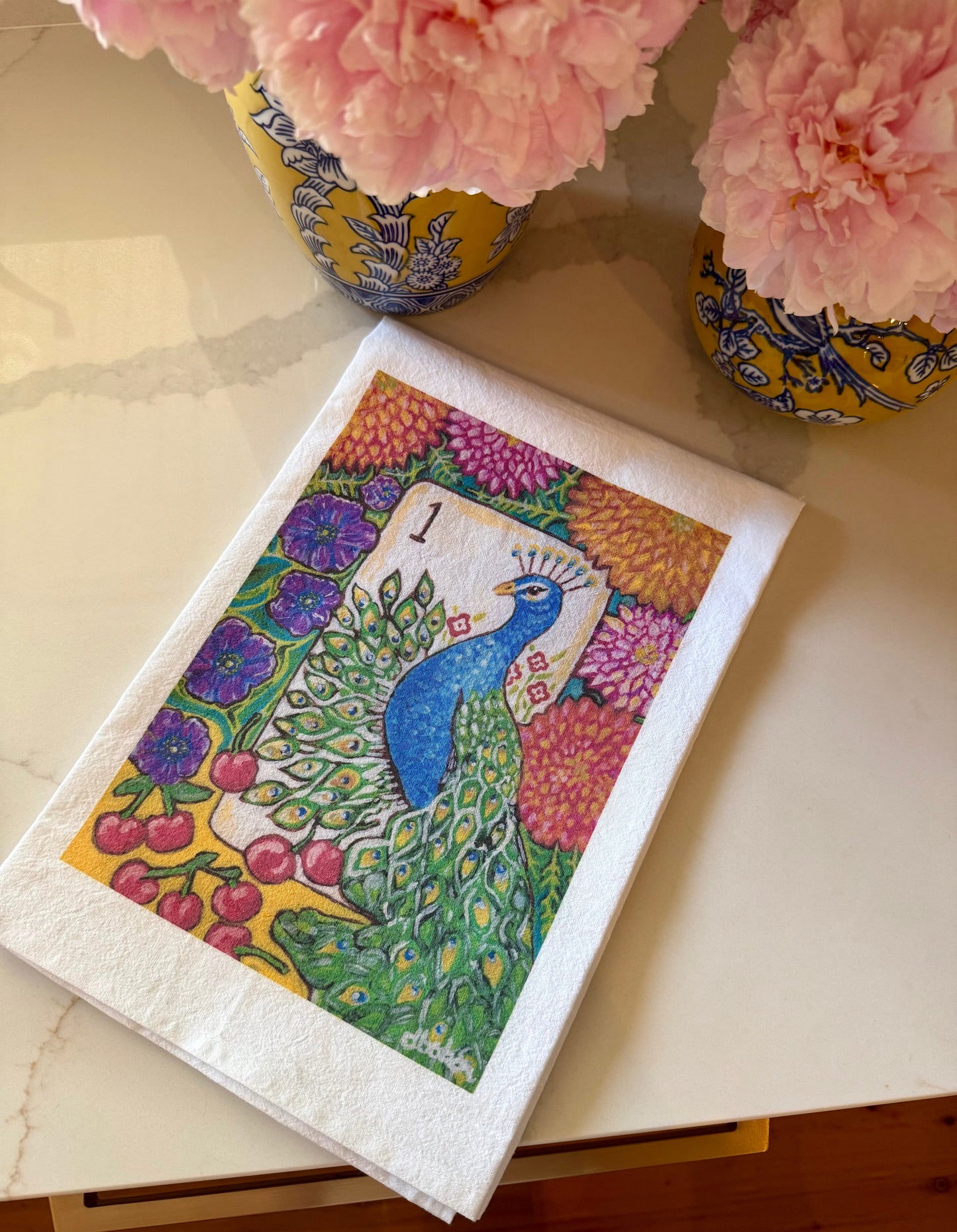 The perfect Mahjong hostess gift. A beautiful painting  of a peacock among anemones, dahlias and cherries  inspired by a vintage Bird Bam Mahjong Tile printed on a 100% cotton tea towel.