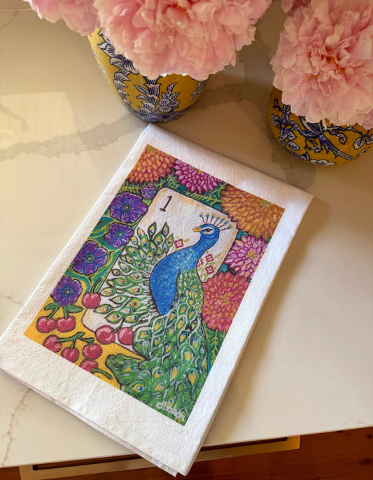 The perfect Mahjong hostess gift. A beautiful painting  of a peacock among anemones, dahlias and cherries  inspired by a vintage Bird Bam Mahjong Tile printed on a 100% cotton tea towel.