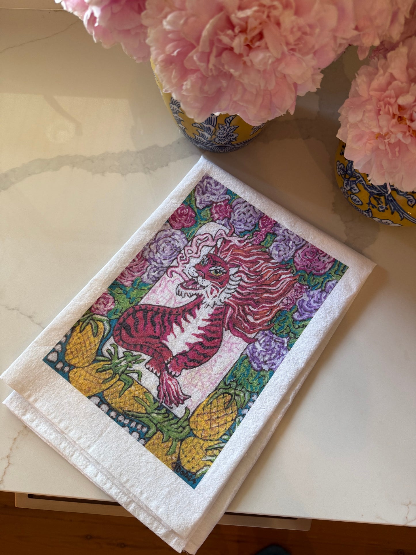 The perfect Mahjong hostess gift. A beautiful painting  of a fiery red dragon surrounded by blooming florals and bright golden pineapples inspired by a vintage Bird Bam Mahjong Tile printed on a 100% cotton tea towel.