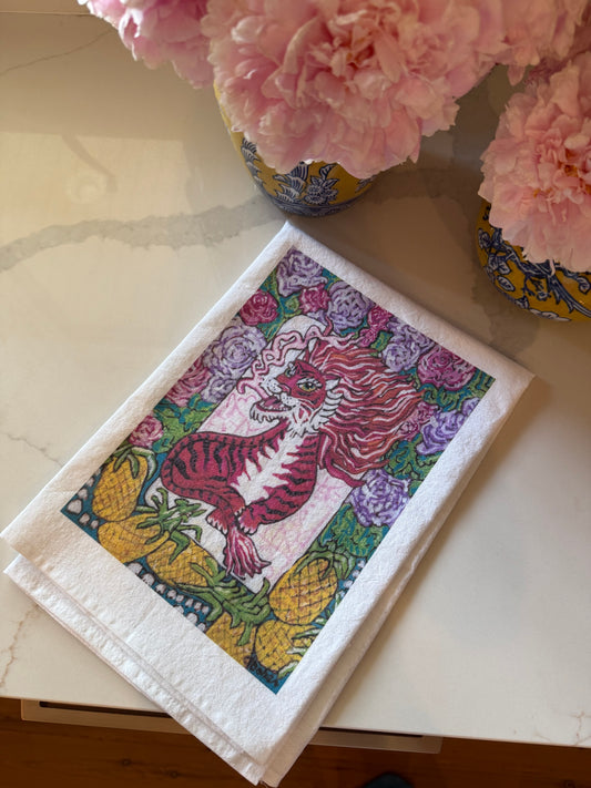 The perfect Mahjong hostess gift. A beautiful painting  of a fiery red dragon surrounded by blooming florals and bright golden pineapples inspired by a vintage Bird Bam Mahjong Tile printed on a 100% cotton tea towel.