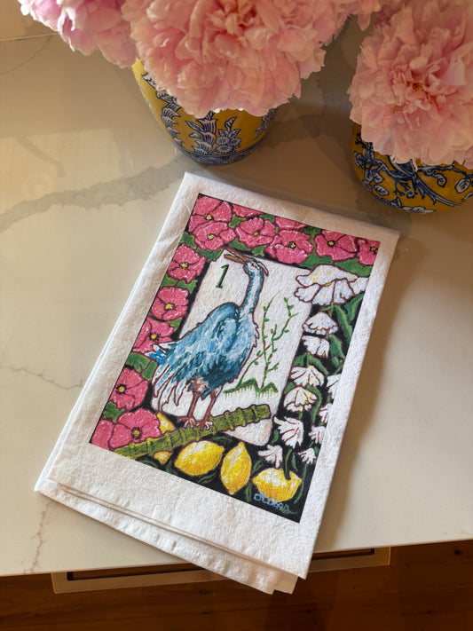 The perfect Mahjong hostess gift. A beautiful painting  of a heron among flowers and lemons inspired by a vintage Bird Bam Mahjong Tile printed on a 100% cotton tea towel.