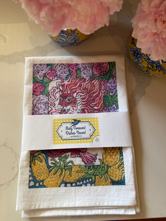 The perfect Mahjong hostess gift. A beautiful painting  of a fiery red dragon surrounded by blooming florals and bright golden pineapples inspired by a vintage Bird Bam Mahjong Tile printed on a 100% cotton tea towel.