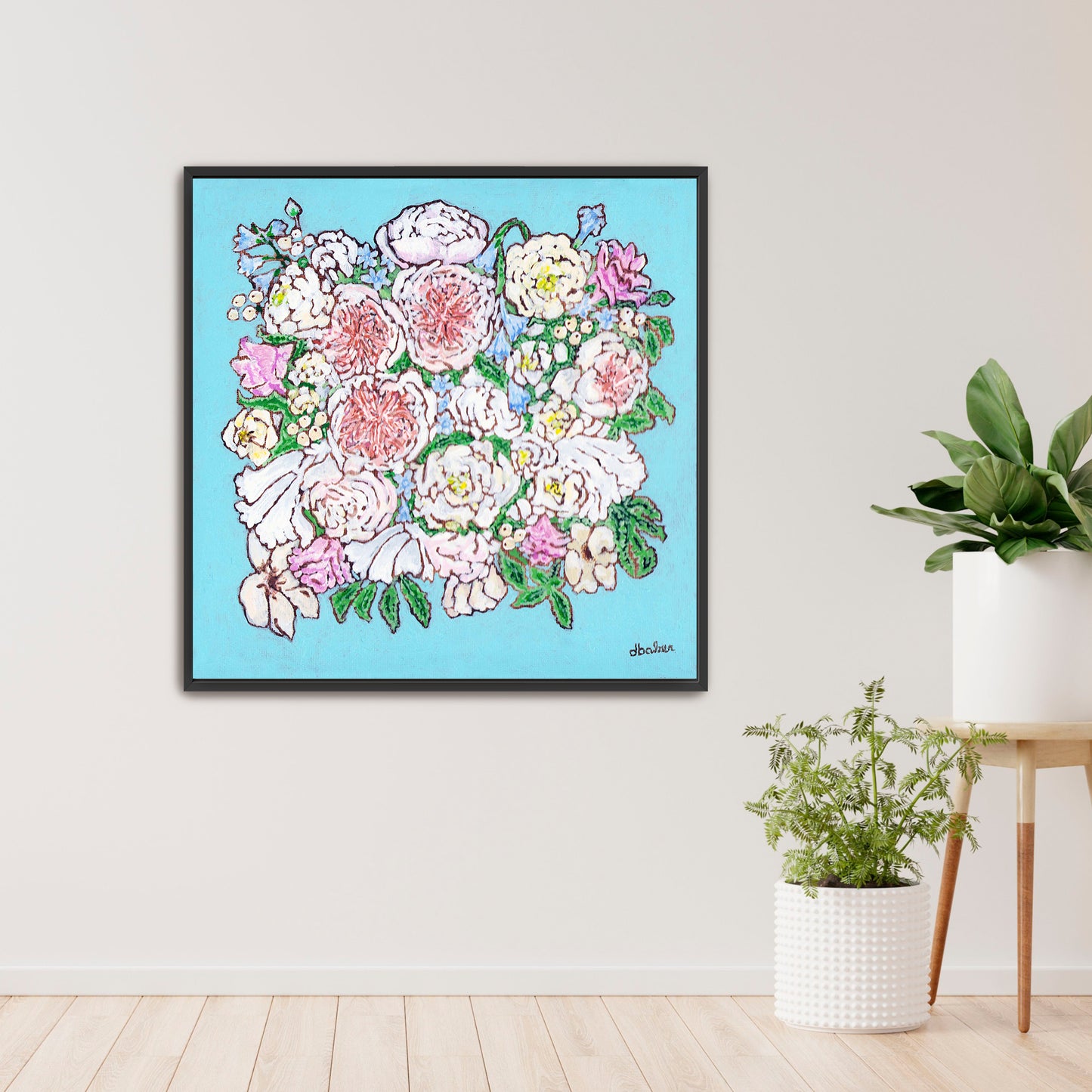 A whimsical painting of a floral wedding bouquet featuring Juliet roses in soft pastels and Tiffany blues.