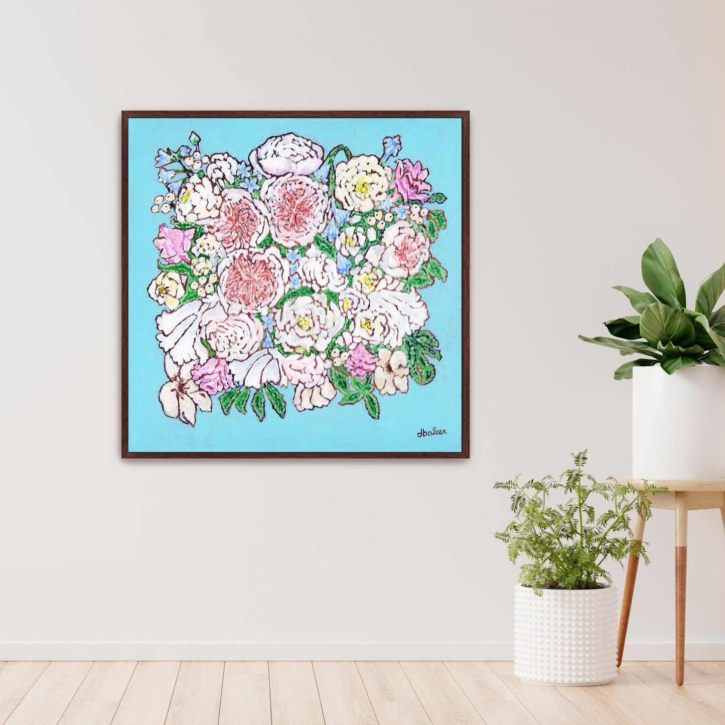 A whimsical painting of a floral wedding bouquet featuring Juliet roses in soft pastels and Tiffany blues.