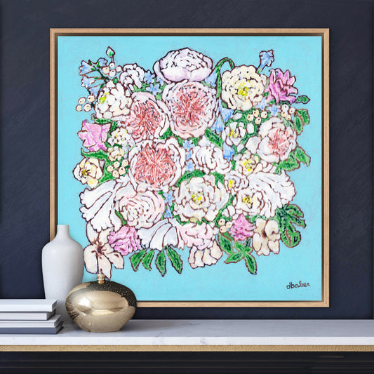 A whimsical painting of a floral wedding bouquet featuring Juliet roses in soft pastels and Tiffany blues.