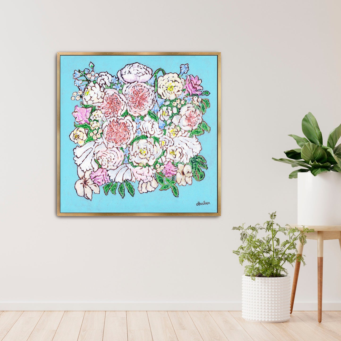 A whimsical painting of a floral wedding bouquet featuring Juliet roses in soft pastels and Tiffany blues.
