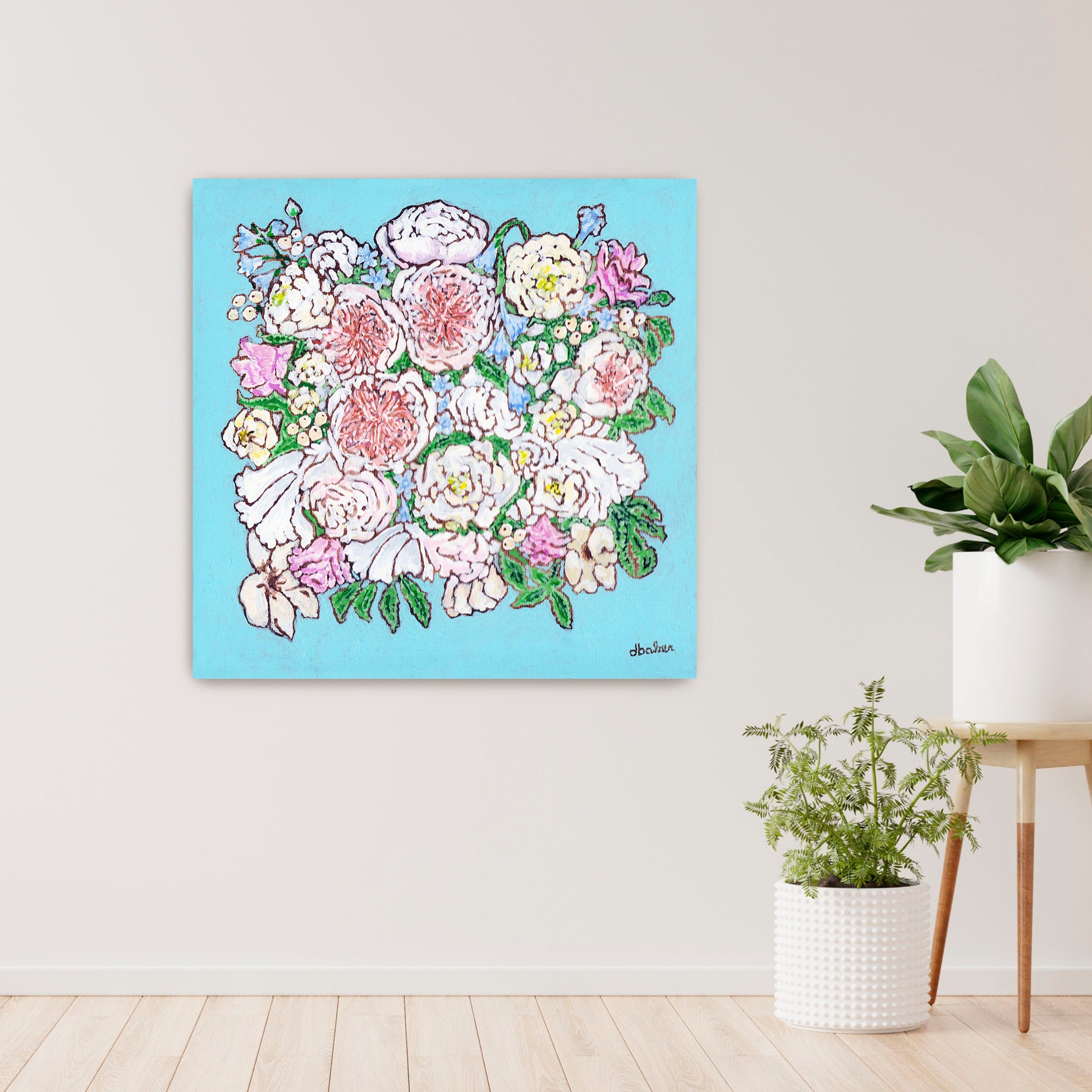 A whimsical painting of a floral wedding bouquet featuring Juliet roses in soft pastels and Tiffany blues.
