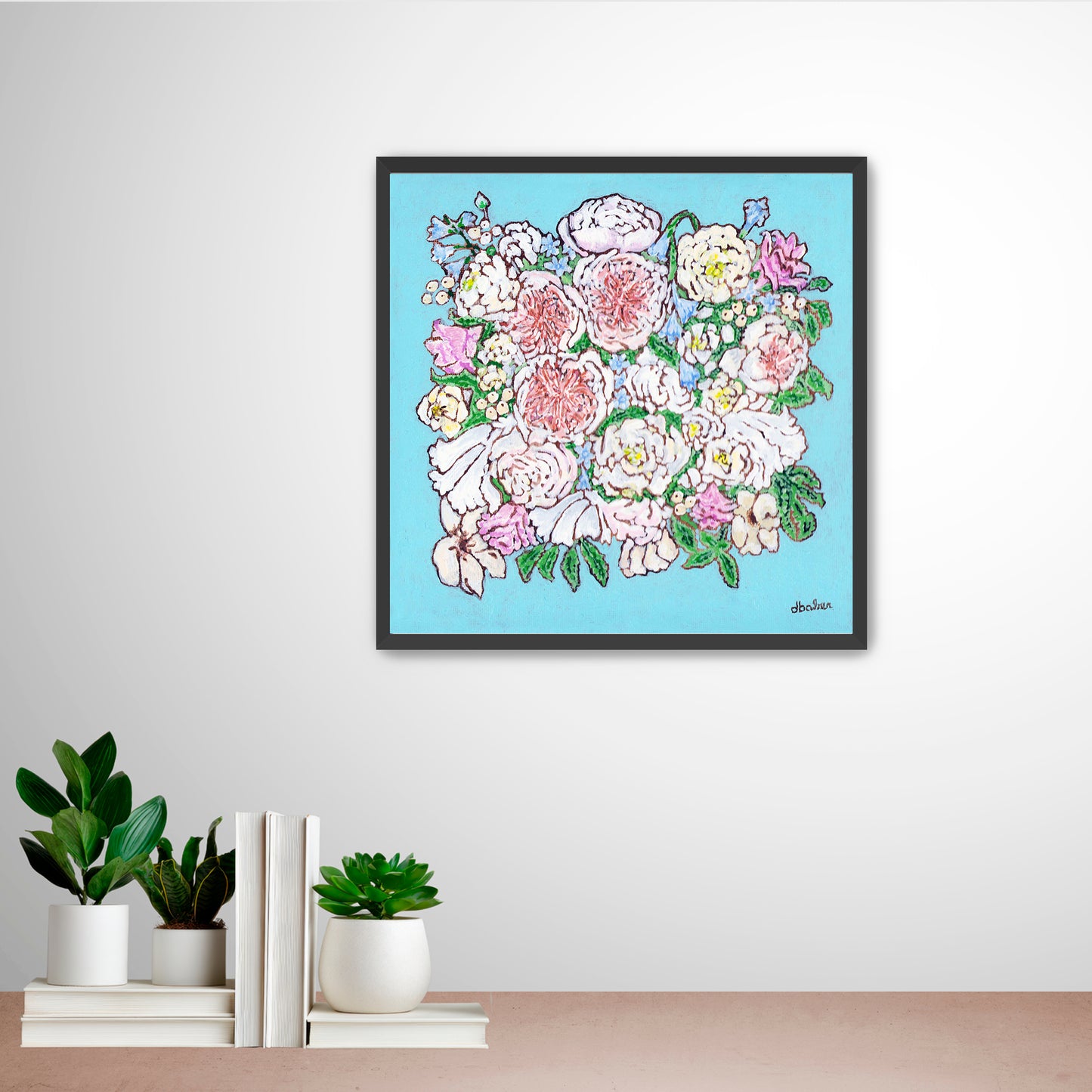 A whimsical painting of a floral wedding bouquet featuring Juliet roses in soft pastels and Tiffany blues.
