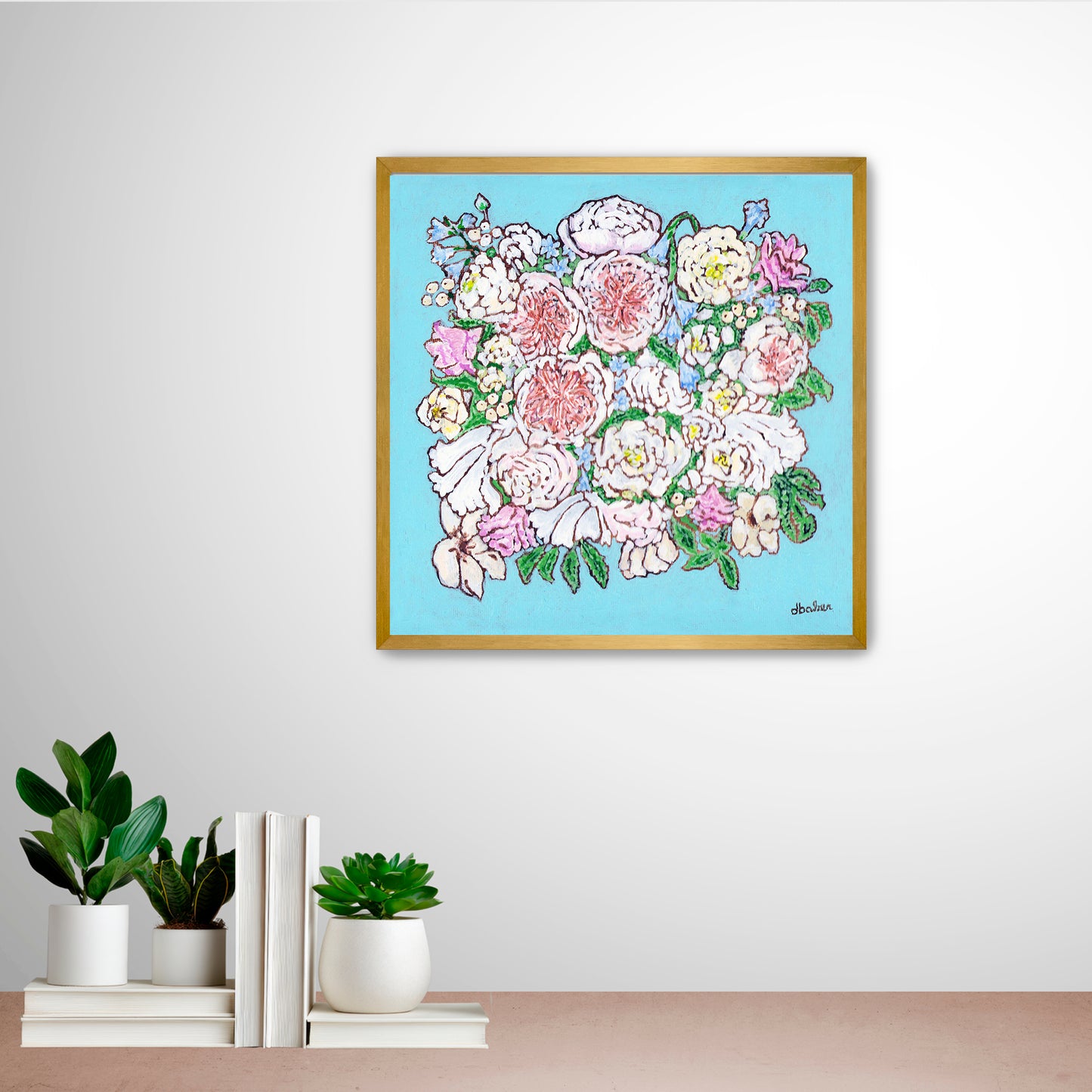 A whimsical painting of a floral wedding bouquet featuring Juliet roses in soft pastels and Tiffany blues.