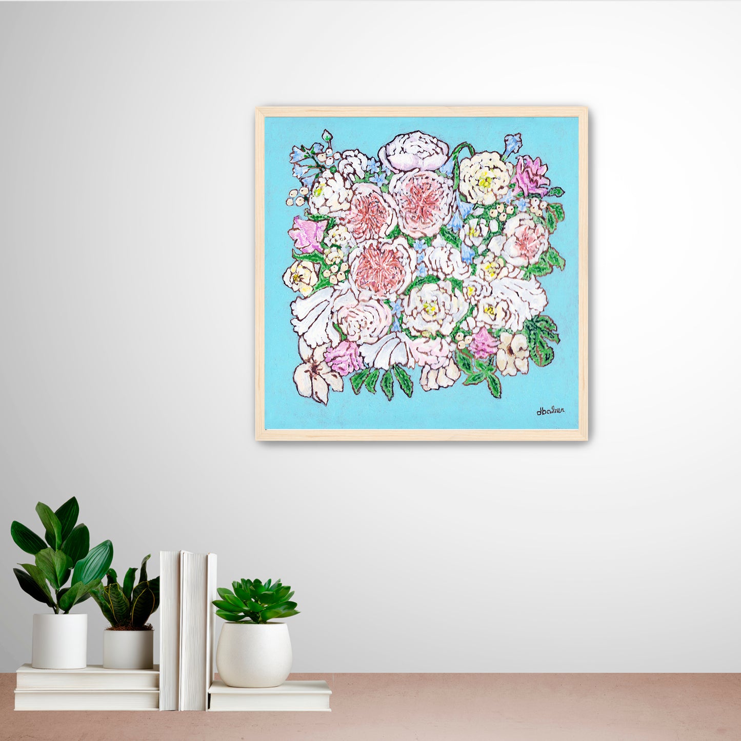 A whimsical painting of a floral wedding bouquet featuring Juliet roses in soft pastels and Tiffany blues.